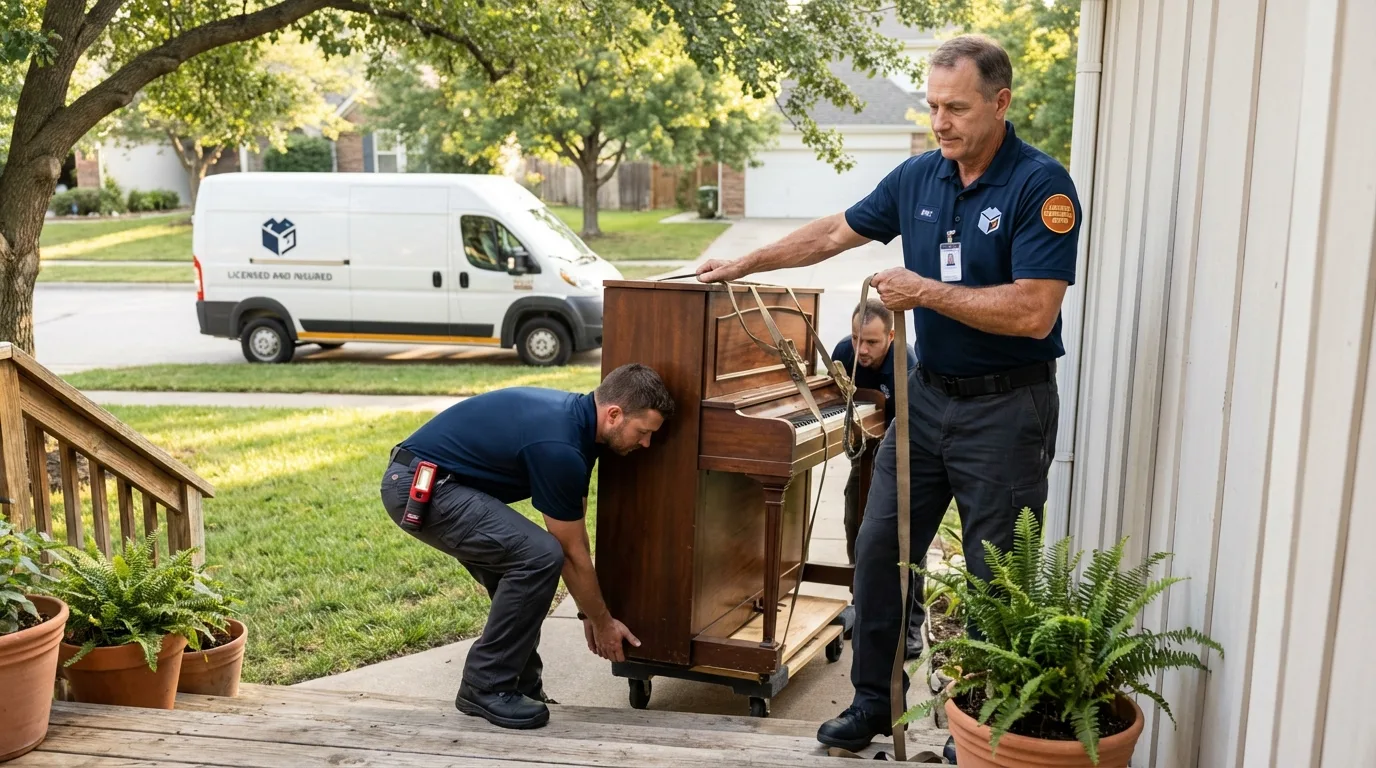 Licensed piano movers securing grand piano in Deerfield, WI