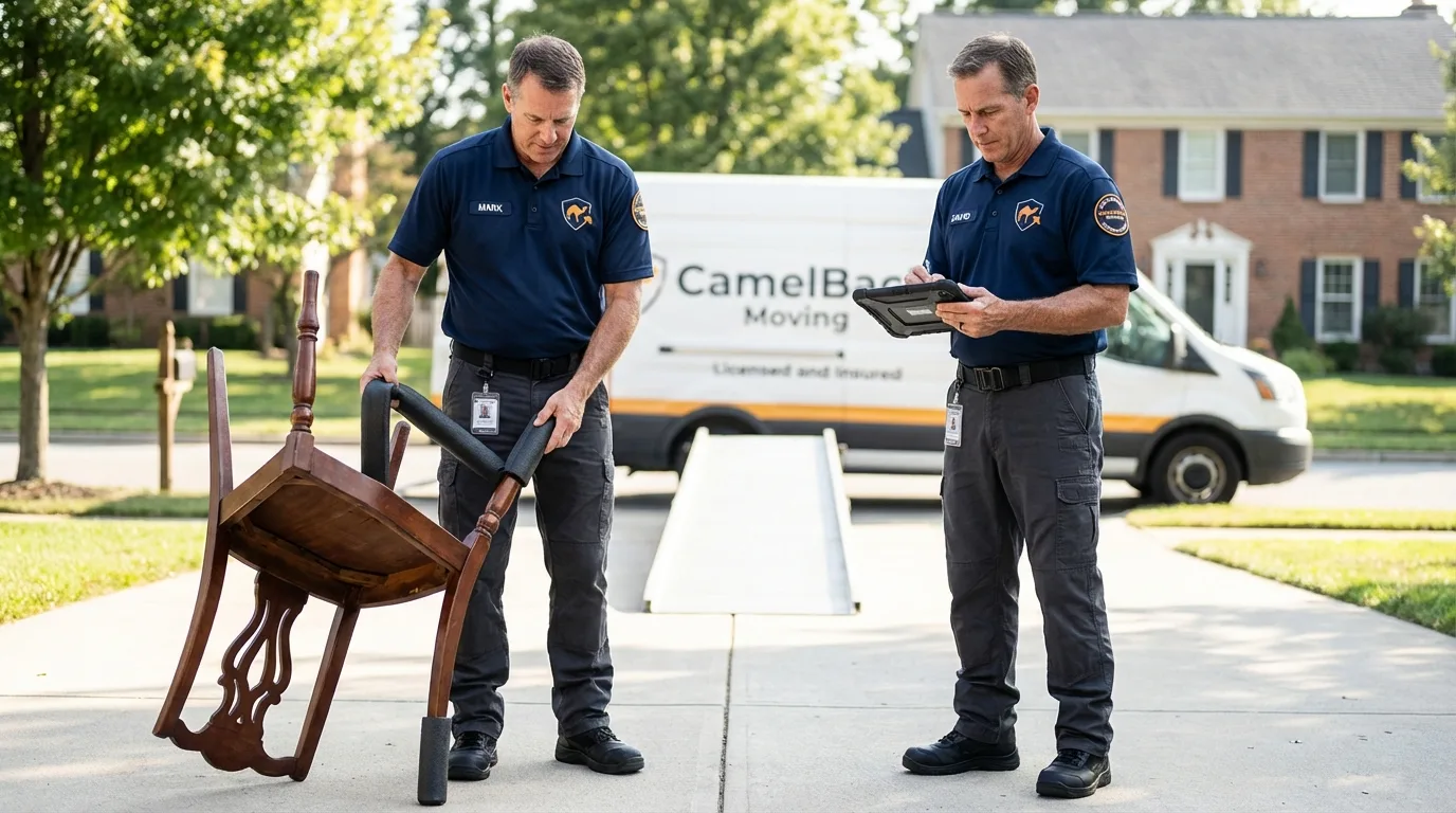 Movers inspecting furniture for damage prevention before loading in Deerfield, WI