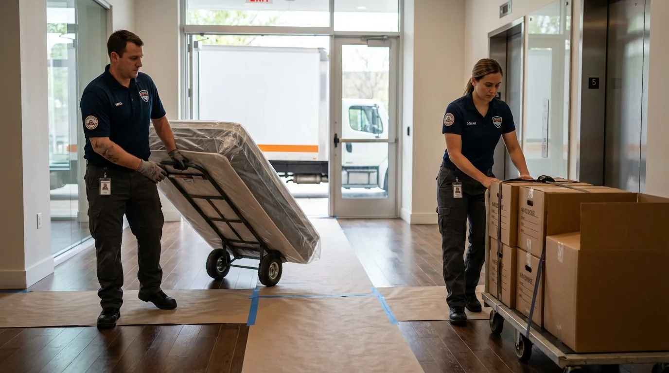 Professional apartment movers loading elevator in Deerfield, WI