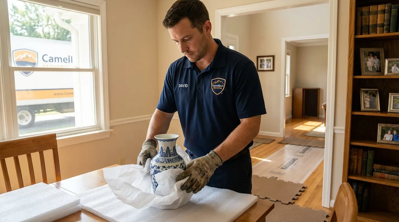 Professional crew carefully wrapping antique vase for senior downsizing move in Deerfield, WI